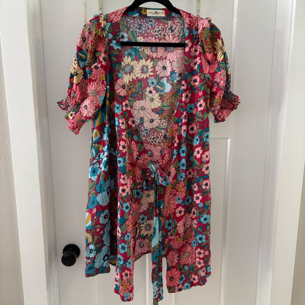 Natural Life Floral Print Rayon wrap style Kimono Cover Up XS Boho‎ puff sleeve